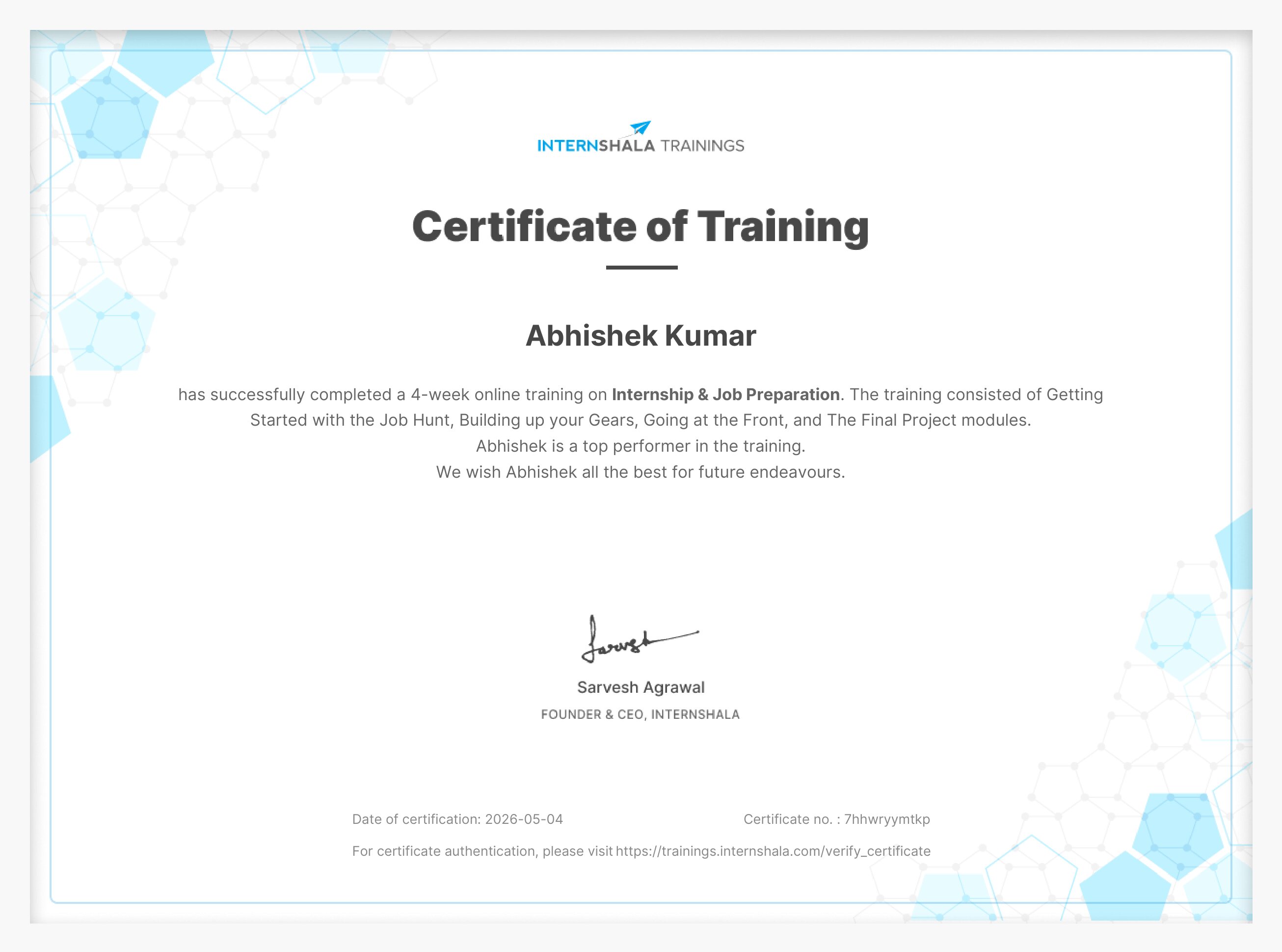 Internshala Training Certificate