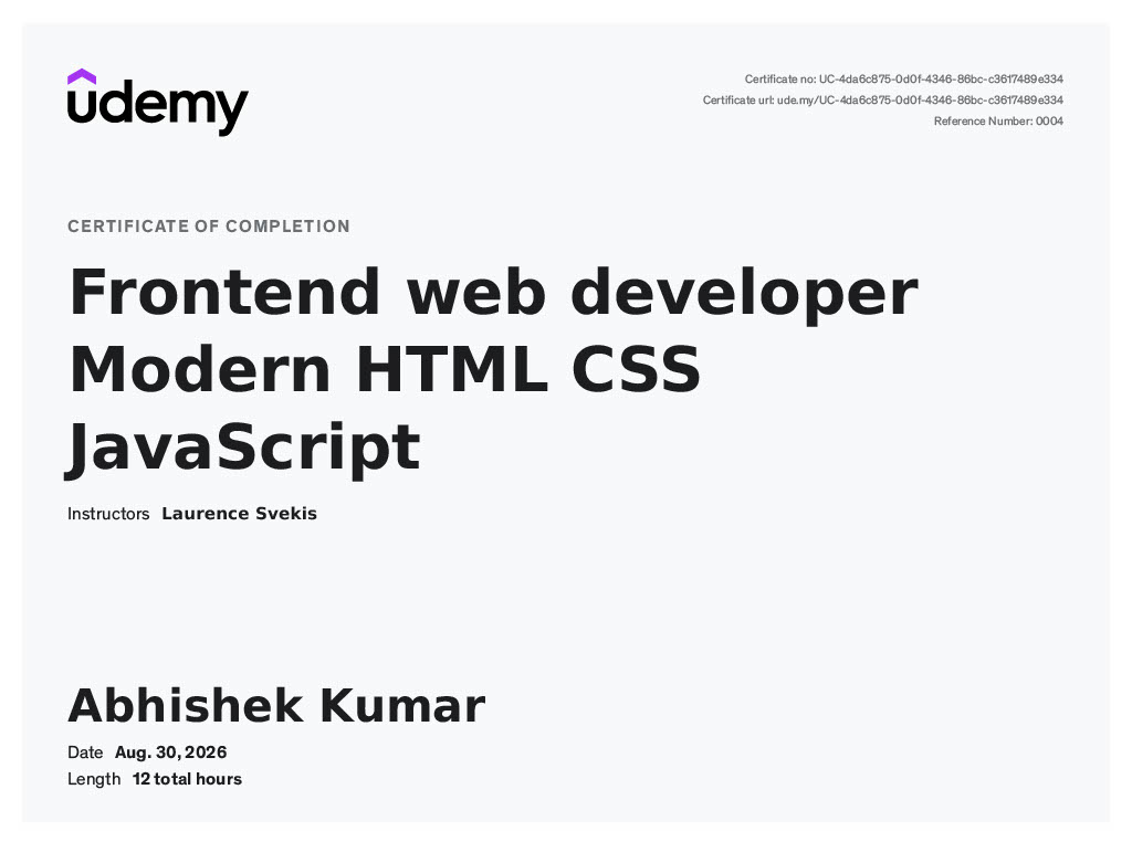 Udemy Frontend Web Developer Certificate